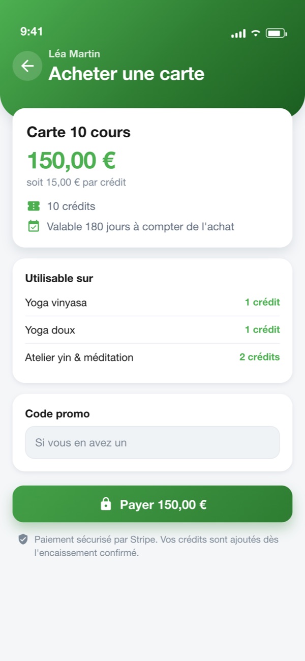 Achat d'un forfait de séances dans l'application