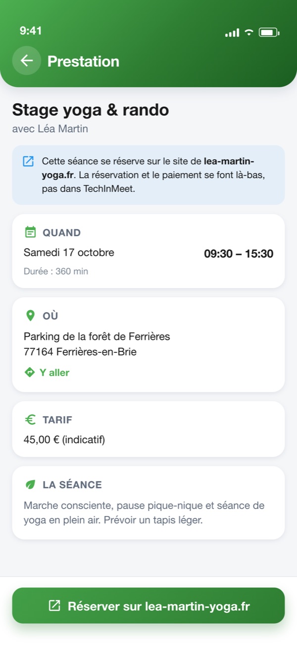 Fiche d'un stage réservé sur un site externe