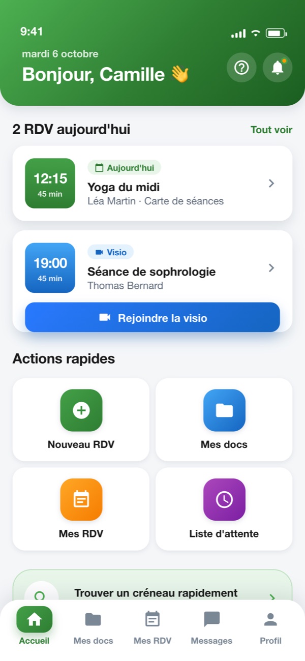 Accueil de l'élève avec ses prochains cours
