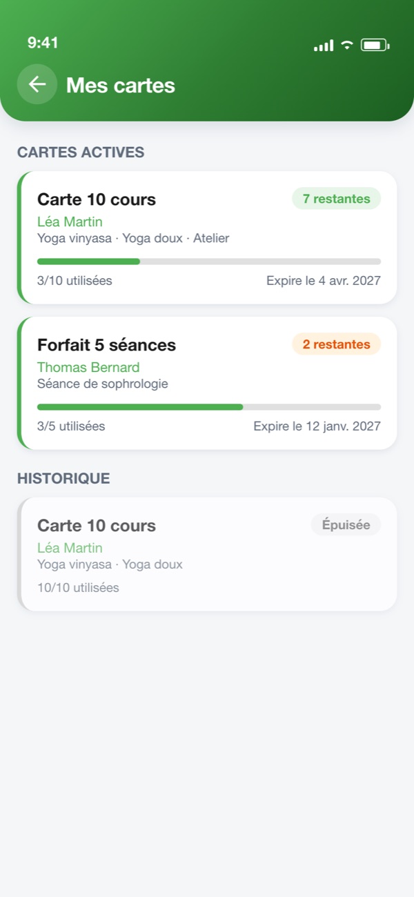 Solde des cartes de séances côté élève