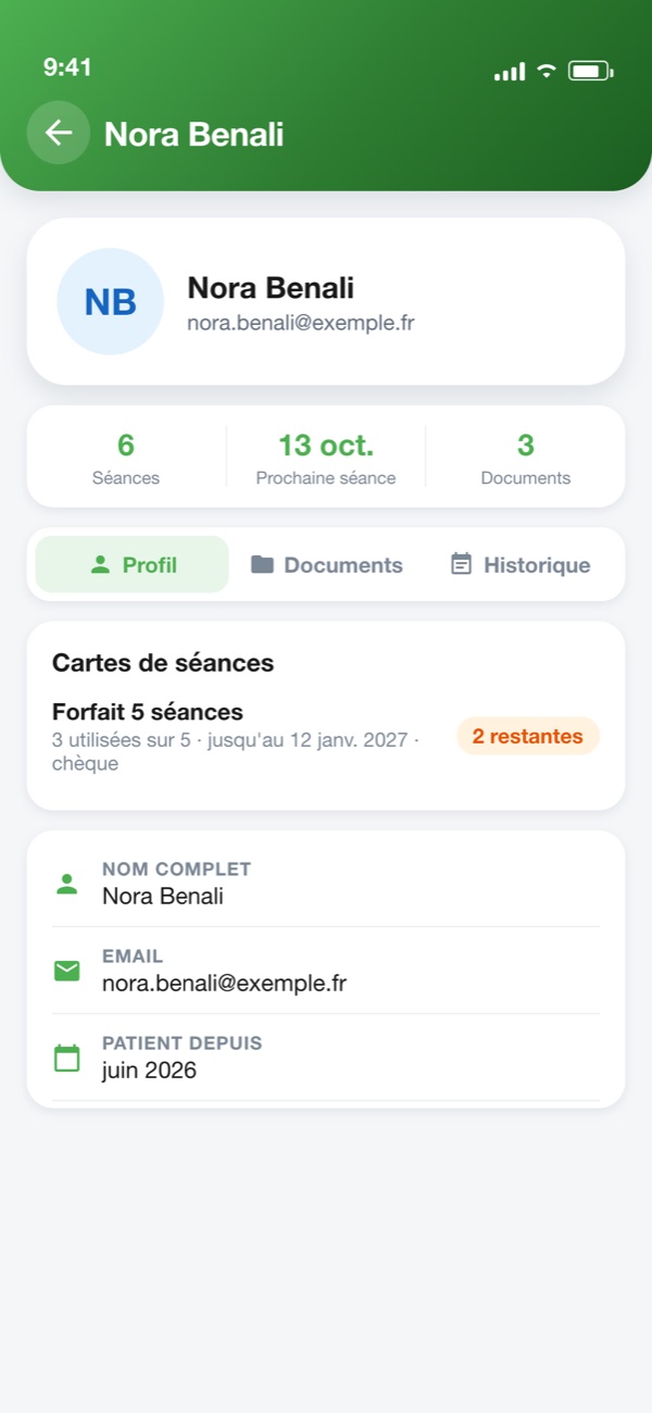 Dossier d'une patiente avec son forfait de séances