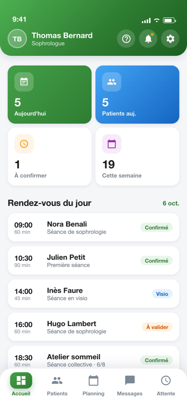 Tableau de bord d'un sophrologue, onglet Patients