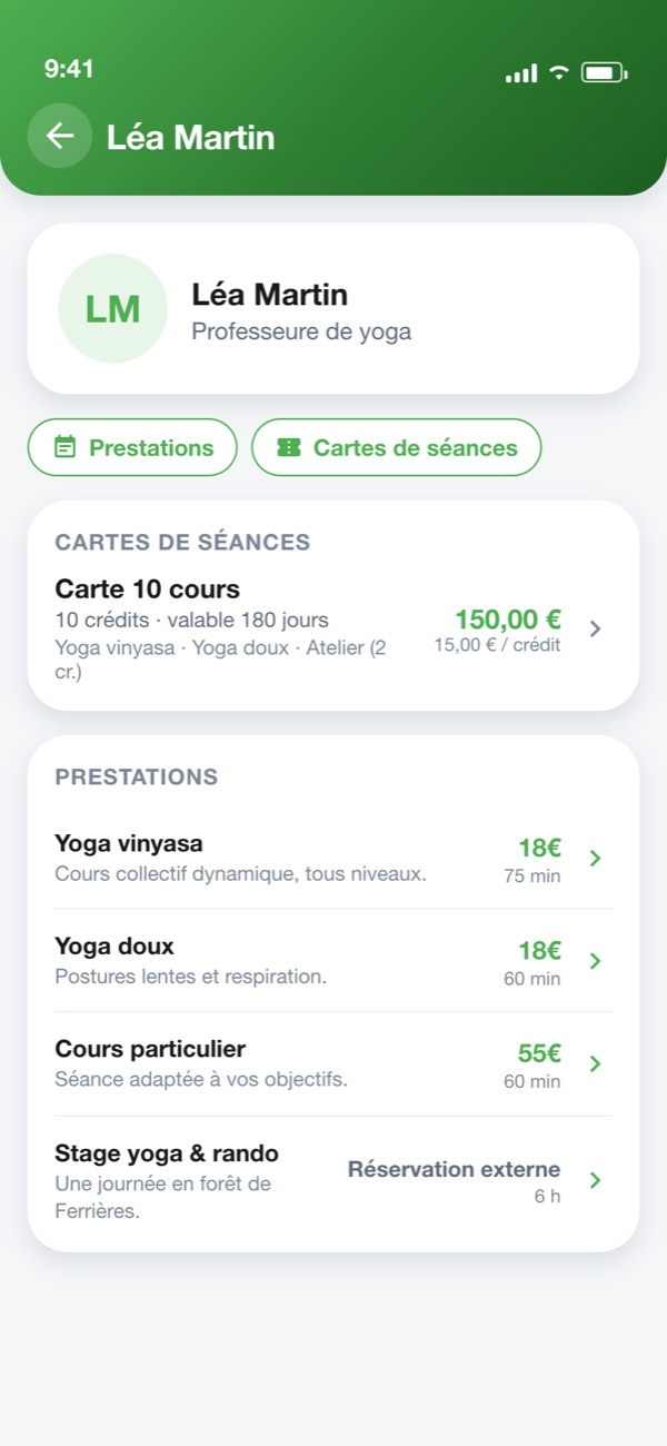Fiche publique d'une praticienne avec ses prestations