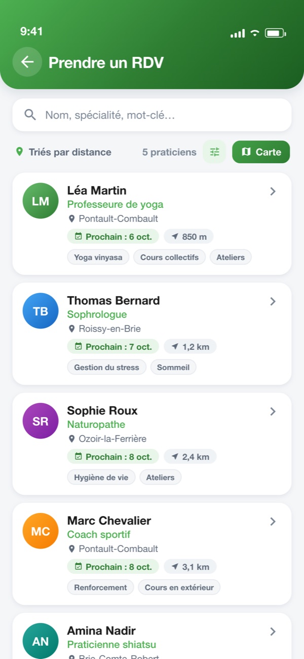 Recherche de praticiens triés par distance