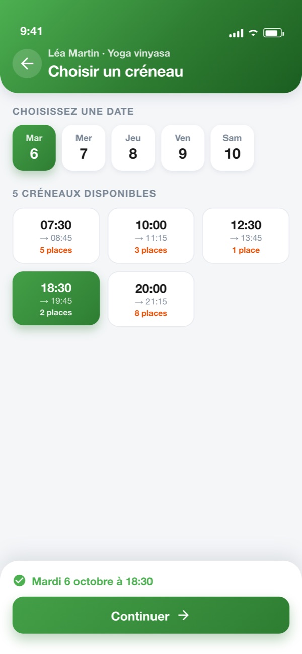 Choix d'un créneau avec les places restantes