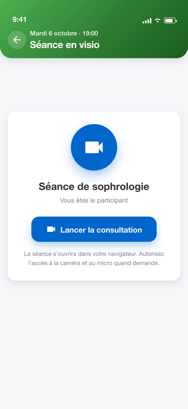 Écran de lancement d'une séance en visio